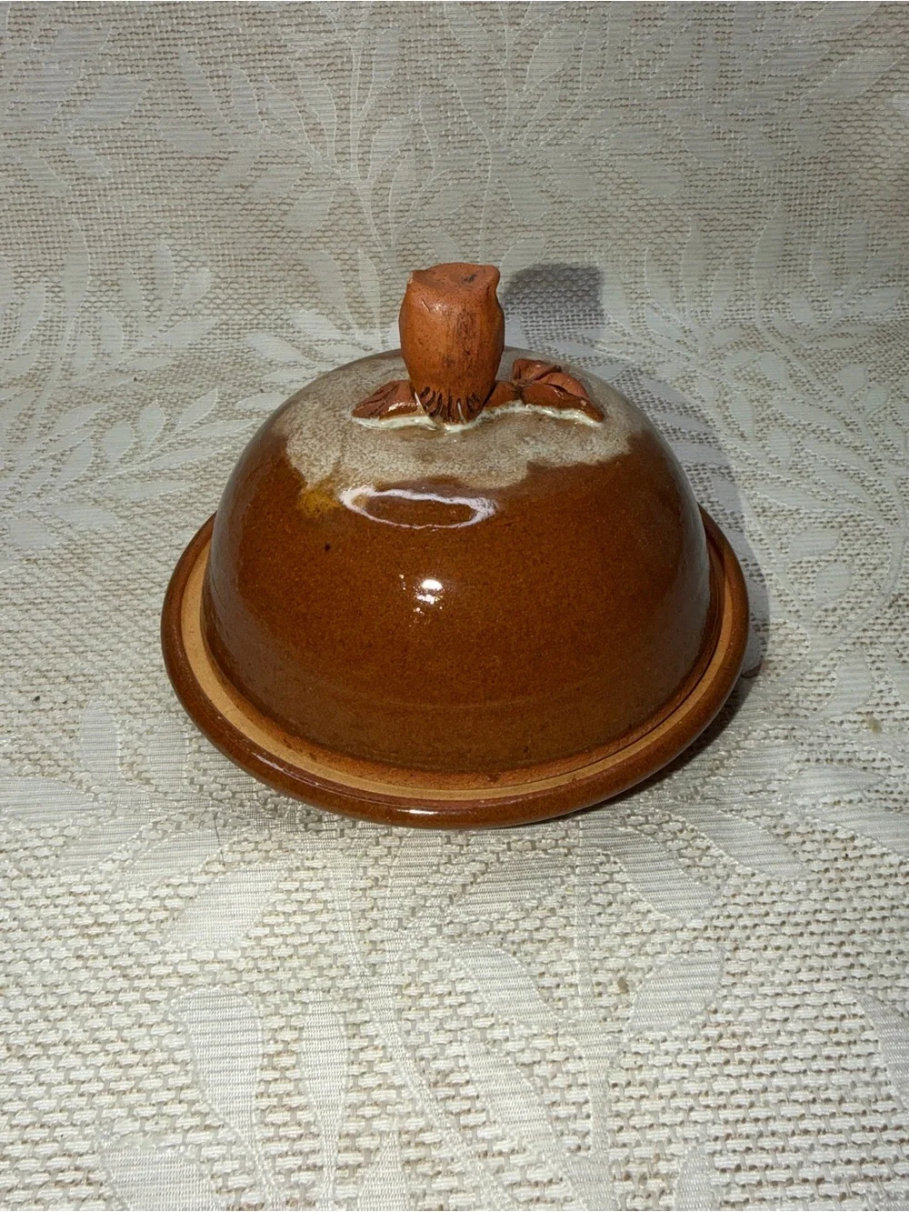 Handmade Ceramic Butter Dish with Owl Lid - Burnt Orange